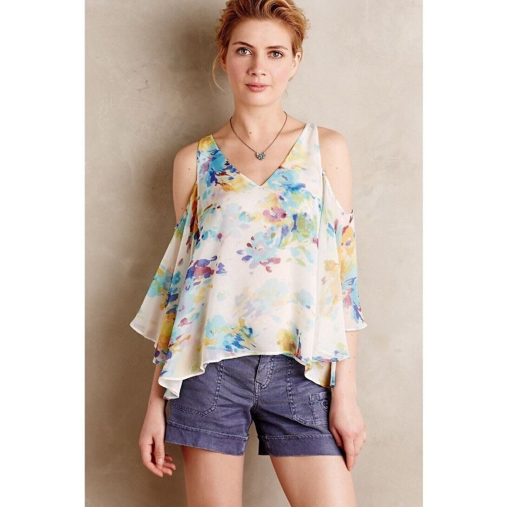 Anthropologie‎ Maeve Silk Chiffon Cold Shoulder Watercolor Top Size Small